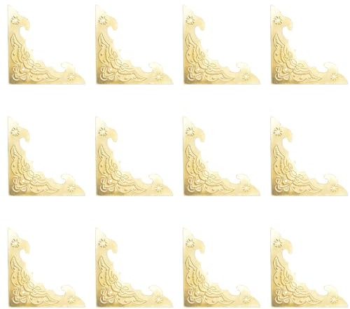 INCREWAY Flat Corners Bracket, 12PCS Decorative Box Corner Protector Metal Floral Vintage Corner Protectors Bracket for Cabinet Door Wooden Box, Gold