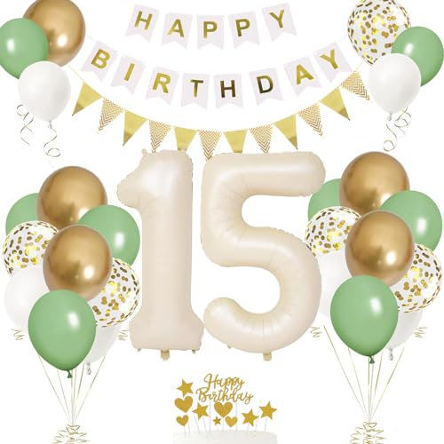 15. Geburtstag Deko Beige, Luftballon 15. Creme , Weiß Creme Folienballon 15 , Mädchen 15 jahre Luftballon deko Sandweiß , Zahl 15 Helium Luftballons Salbeigrün Weiß Ballons für Geburtstag Party Deko