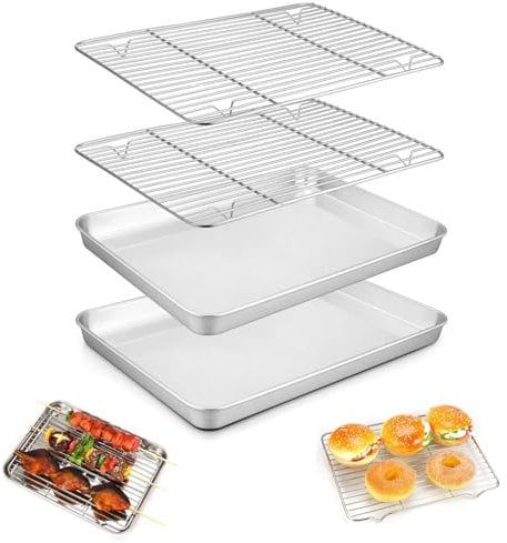 Skibetfo Set of 4 Stainless Steel Wire Rack and Baking Trays for Oven Non Stick,Large Oven Tray Sheet with Rack,Rectangle Cooking Grill Trays for Oven,Tray Bake Tins for Cake Roasting Meat (17 * 23cm)