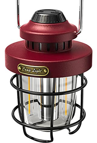 Luejnbogty Camping Portable Retro Lantern Vintage Tent Lighting Lantern USB Rechargeable LED Lamp Hanging Emergency Light Rouge