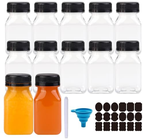 Chetexus Paquete de 12 botellas de plástico de 4 onzas, botellas de bebida reutilizables de 100 ml con tapas para almacenar jugos, agua y otras bebidas caseras (1 bolígrafo, 1 embudo de silicona, 18