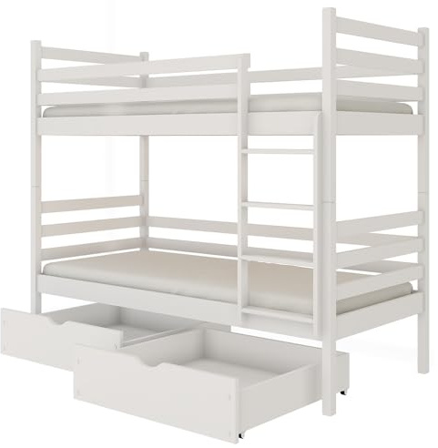 Lomadox Kinderzimmer Hochbett Kinder Etagenbett 80x180 cm mit Schubkästen Kiefer weiß, umbaubar zu 2 Einzelbetten