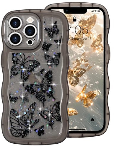 ROSEHUI for iPhone 15 Pro Max Case,Cute Butterfly Curly Wave Phone Case with Sparkly Glitter Bling Star,Clear Anti-Yellowing Camera Protection Soft TPU Shockproof Protective Cover for Girls-Black