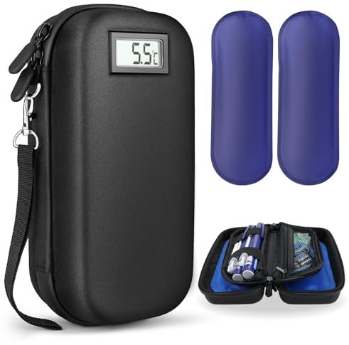 24h Insulin Cooler Travel Case TSA Approved Medication Cooler with Thermometer Temperature Display & 2 Reusable Ice Packs, Portable Diabetes Refrigerated Medicine Travel Bag for Daily Life Trip