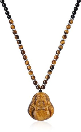 COAI Tigerauge Halskette Braun mit Tigerauge Maitreya-Buddha Anhänger und 4mm Schwarzer Onyx Perlen