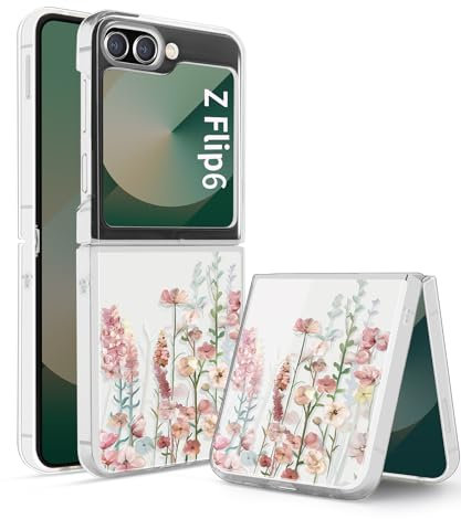 Gronda Clear Phone Case for Samsung Z flip 6 5G Case, Never Yellow Shockproof Protective Slim Soft Drop Protection Cute Women Girls Case Cove for Samsung Galaxy Z flip 6 Pink Flower