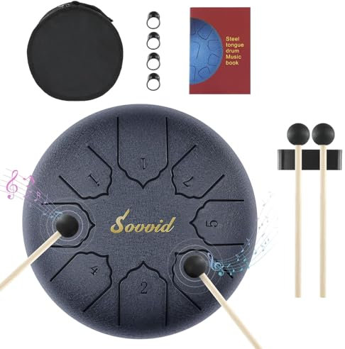 Sovvid Steel Tongue Drum, 6 Zoll 8 Töne Zungentrommel mit Tasche, Drumsticks, Schlägelhalter, Fingerpicks und Notenheft, Handpan-Trommel für musikalische Früherziehung Zen Meditation Yoga (Marineblau)