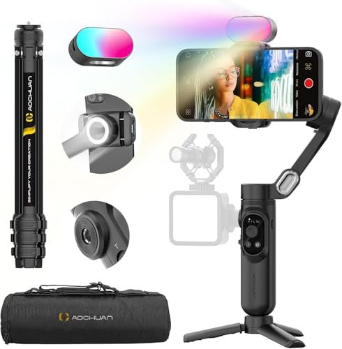 AOCHUAN 3-Axis Gimbal Stabilizer for iPhone & Android w/RGB Light, Handheld Phone Gimbal for Video Recording w/AI Tracking,1/4 Thread, Extendable Tripod, Padded Carry Bag(Smart X Complete Combo1)