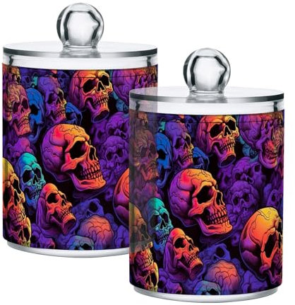 CHIFIGNO Neon Skulls - Juego de 2 tarros de plástico transparente, frascos de boticario de plástico transparente, organización de almacenamiento para bolas de algodón, hisopo de algodón, almohadillas