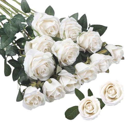 EnixwH 12 Rose Artificielle Fleurs, Bouquet Fleur Artificielle Naturelles et Réelles, 52 cm Longue Tige Réaliste Roses Artificielles, Fausse Fleur pour Home, Mariages, Décorations de Fête (Blanc)