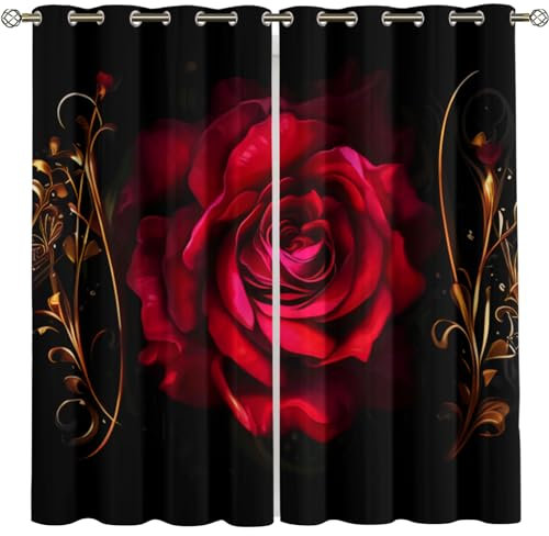 GSKOQD Vorhang Blickdicht Gardinen Verdunkelungsvorhang Vorhänge Kinderzimmer Schlafzimmer Wohnzimmer Thermovorhang Curtains 3D Schwarzer Schatten Luxus Rote Rose Ösenschal 200X214Cm (B X H) 2Er Set