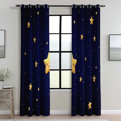 Vorhänge Blickdicht Dunkelblau, Verdunkelungsvorhänge Cartoon Süße Sterne Muster, Bedruckte Ösenvorhänge H 200 x B 70 cm (2er Pack) dekor für Schlafzimmer Wohnzimmer Kinderzimmer