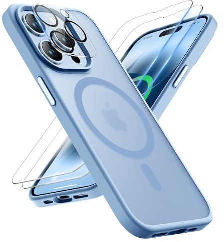 ORETECH Magnetisch Hülle für iPhone 14 Pro mit 2 Schutzfolie+1 Kameraschutz, Kompatibel mit Mag-Safe, Stoßfest Kratzfest Mattierte Transluzente Handyhülle für iPhone 14 Pro Hülle 6,1 Sierra Blau