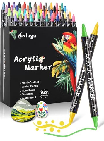 AEDAGA 60 Colours Acrylic Paint Markers, Dual Tip Acrylic Paint Pens