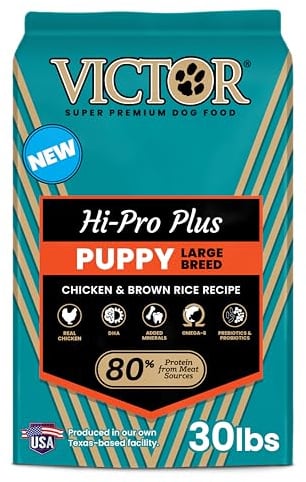 VICTOR Hi-Pro Plus Dry Dog Food - Large Breed Puppy Dry Kibble, 30lb | Real Chicken 1st Ingredient, Bite-Sized Kibble, DHA for Brain & Vision, Gluten Free Ancient Grains, Prebiotics, Made in USA