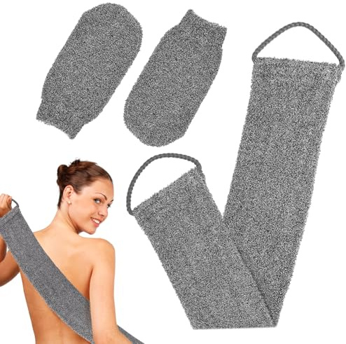JINTANG brosse dos douche, lot de 3 gant exfoliant corps (Gris) | Gant de Toilette Exfoliant Double Face en fibre de bambou, avec 1 Sangle De Bain + 2 gants exfoliants pour le corps