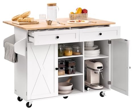 VEVOR Kitchen Island Cart, with Solid Wood Top and Storage Cabinet, Mobile Rolling Table with Drop Leaf, Drawers, Spice Towel Rack, Portable Islands on Swivel Wheels for Dining Room, 132cm Width
