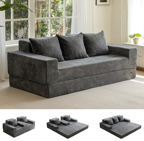 MAXYOYO Schlafsofa, Cord-Bodencouch, Klappsofa mit Getränkehalter und Dekokissen, Bequemes Kompressionssofa für Wohnzimmer, Schlafzimmer, Gästezimmer