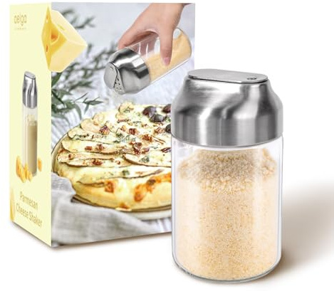 Aelga Glass Parmesan Cheese Shaker with Adjustable Pour Holes | 14 oz High-borosilicate Glass Seasoning Shaker, Perfect for Sugar, Onion Powder, Pepper Flakes, Parsley & Other Spice