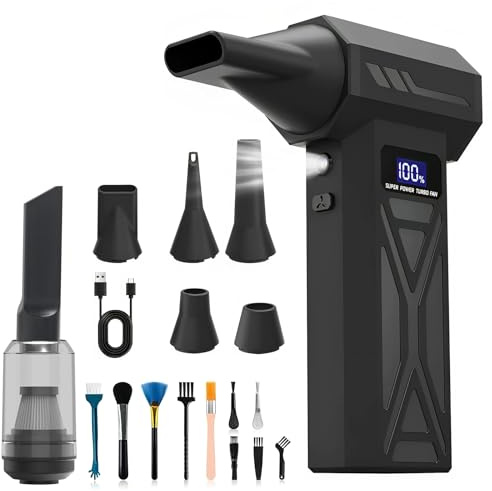 2-in-1 Elektrisches Staubgebläse & Staubsauger, Compressed Air Duster 150.000 U/min, Druckluftspray mit 4000mah, Mini Gebläse Akku mit 4-Stufen Regelung, Digital Display für PC Auto Tastatur Reinigung