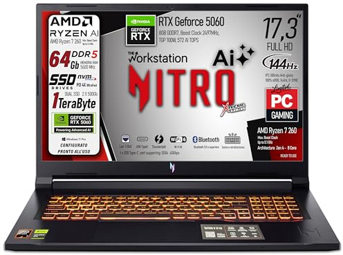 acer Notebook Gaming Nitro V17 Ai, Ryzen7 260, Ram 64Gb ddr5, SSD da 1Tb(500Gb X 2), Display 17,3 FHD IPS 144Hz, NVIDIA GeForce RTX 5060 8Gb GDDR7, Wi-Fi 6e, Thunderbolt 4.0, Win 11Pro, Ready to use