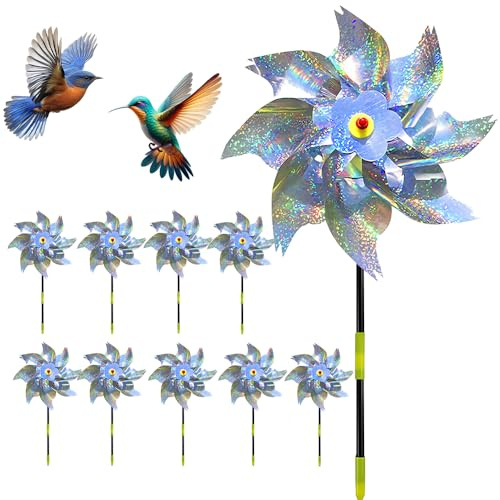 10 Stück Windrad Vogelabwehr, taubenabwehr Balkon, Reflektierende Vogelschreck für Farm, Hofes, Garten, Obstgarten, Dach, Windrad Garten Taubenschreck (Silber)