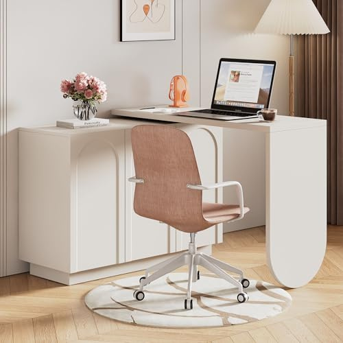 Schrankschreibtisch drehbar L-Form, Computertisch mit Stauraum & Schrank, platzsparender Eckschreibtisch 360° schwenkbar, moderner Bürotisch in Weiß-Natur für Büro & Homeoffice (White-B, 110cm)