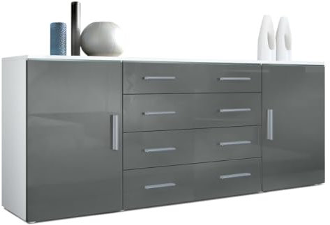 Sideboard Faro V2 - Kommode mit 2 Türen & 4 Schubladen, Schrank mit LED Lichtleiste, Weiß matt/Grau Hochglanz (166,5 x 75,5 x 35)