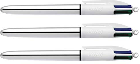 BIC 3 Stück Kugelschreiber 4 Colours Shine silber pte Moy. 4 klassischen Farben