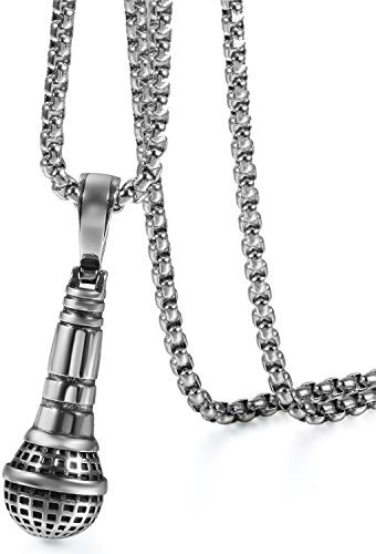 JewelryWe, collana con ciondolo a forma di microfono hip hop, in acciaio inox, catena a maglie da 50,5 cm