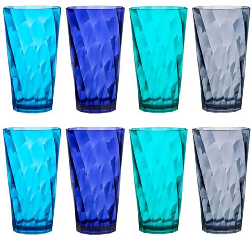 US Acrylic Optix Plastic Reusable Drinking Glasses (Set of 8) 20oz Water Cups in Coastal Colors | BPA-Free Tumblers, Made in USA | Top-Rack Dishwasher Safe