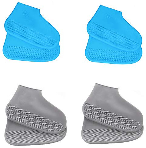 LWZko 4 Paare Wasserdichte Überschuhe, Silikon Überschuhe, Silikonüberschuhe Rutschfest, Wasserdichtes Rutschfestes Silikon Überschuhe für Regen, Schneetag, Schlammige Straßen (Blau, Grau)