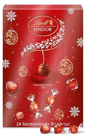 Lindt - Calendrier de l'Avent LINDOR - Assortiment de Chocolats au Lait - Cœur Fondant - Idéal pour Noël, 268g