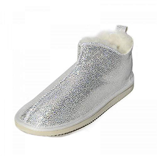 Hollert Damen Lammfell Hausschuhe Cinderella Glitzer Fellschuhe aus Merino Schaffell Echtleder warme Hüttenschuhe Schuhgröße 38, Farbe Weiß