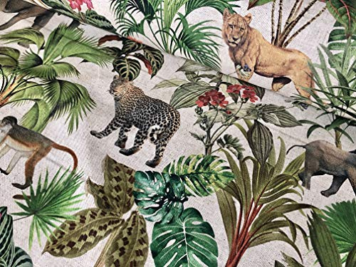 Stoff mit Safari-Zoo-Motiv, Digitaldruck, tropische Dschungel, Palme, Blume, Blätter, Leinenoptik, 275 cm, extra breit, Meterware
