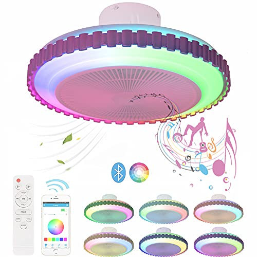 Lámpara LED Techo Dormitorio Ventilador de Techo Con Iluminación Luz RGB Regulable Música Plafon Techo con Altavoz Bluetooth Lámpara del Ventilador con Control Remoto y APP Plafon Cocina Sala de Estar