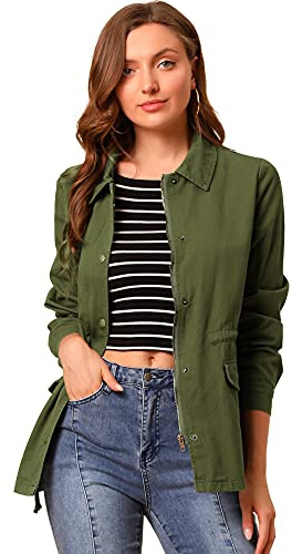 Allegra K Women's Saint Patrick's Day Drawstring Waist Flap Pockets Lightweight Utility Jacket