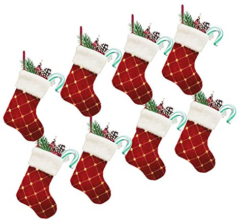 8 Pack Christmas Mini Stockings 9 inch Glitter Round Dots Sequins Grid Xmas Stocking with Plush Cuff Tableware Holders Gift Card Bags Holders Bulk Treats Bag Xmas Tree Decorations Set