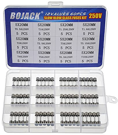 BOJACK 12 valores 60 piezas Surtido de fusibles de vidrio 5x20mm 250V T0.5A 1A 1.25A 1.6A 2A 2.5A 3A 3.15A 4A 5A 6.3A 10A Embalaje en caja de plástico transparente