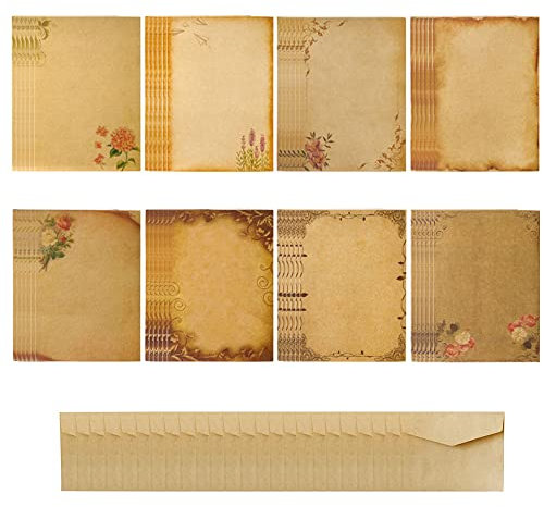 Briefpapier und Umschläge Set, 48 Stück Vintage Schreibpapier, Kraftpapier Schreibpapier, 8 Stile, mit 24 Umschlägen aus Kraftpapier, für Hochzeiten, Einladungen, Grußkarten, Rafting (24 x 14,5 cm)