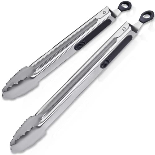 Kitchen Tongs for Cooking Grill & BBQ 2 Pack 12(30.5cm) 16(40.5cm), Kyraton Stainless Steel Sturdy Long Cooking Tongs Heat Resistant Handle Smart Locking Clip Non Slip for Barbecue or Cooking