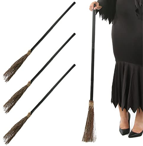 Witch Halloween Broomstick - 3-Piece Screwable Witch's Broomstick - Halloween Fancy Dress Costume Accessory - Pack of 3