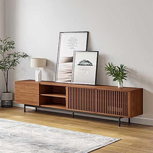 POVISON TV Schrank Modernes TV-Möbel 200cm aus der Mitte des Jahrhunderts, tv Boden Schrank aus massivem Eschenholz mit Lamellentüren, Offener Stauraum, Hochgegossenes Metall.