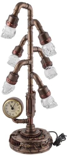 VOGLER Joh. Vogler GmbH Steampunk Lampe, mit Uhr und Schädelbirnen, USB Kabel, aus Kunststein, bronziert