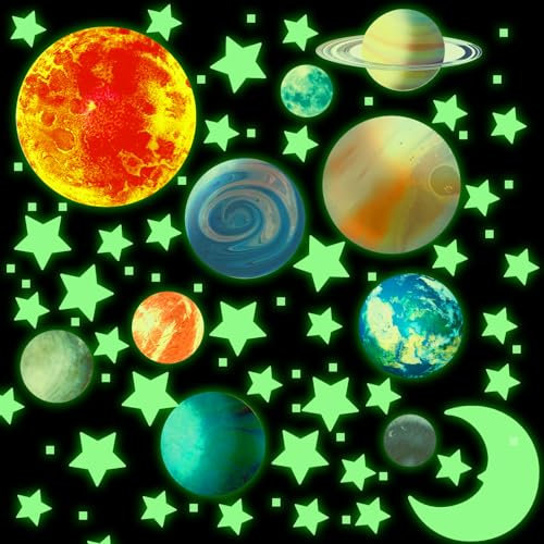 10 Stück Im Dunkeln Leuchtende Sterne, Wandaufkleber Sonnensystem Leuchtend Planeten und Sterne Wandaufkleber Weltraum Aufkleber für Schlafzimmer Jungen Mädchen Kinder Babyzimmer Dekoration