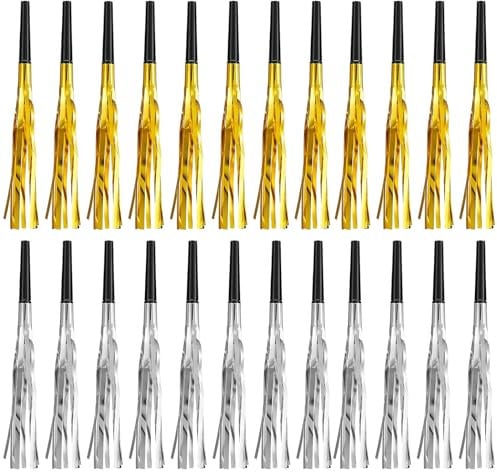 Zecouk 24 PCS Silbatos de Soplado de Fiesta,Generadores de Ruido Fiestas con Flecos Metálicos Artículos,Sopladores de Fiesta para Niños Cumpleaños Baby Shower Navidad Año Nuevo, 2 Colores
