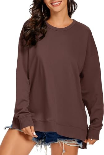 APEIYU Women's Long Sleeve Tops Loose T Shirt Ladies Jumpers Round Collar Baggy Blouses Side-Vent Ladies Winter Tops for Ladies Coffee XXL