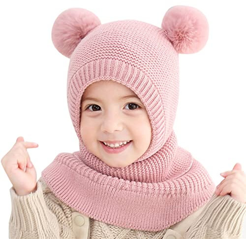 Kinder Schlupfmütze Sturmhaube Balaclava Warm Niedlich Bär Wintermütze Schalmütze Strickmütze mit Bommel Fleecefutter Jungen und Mädchen Beanie Mütze 2-6 Jahre