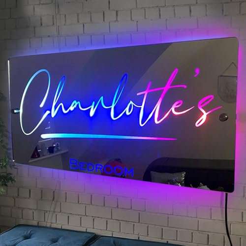 ALICESER Personalised LED Illuminated Mirror Wall Decor with Name Personalised Neon Sign Multicolor 8x7.8 Inch Acrylic Wall Mount