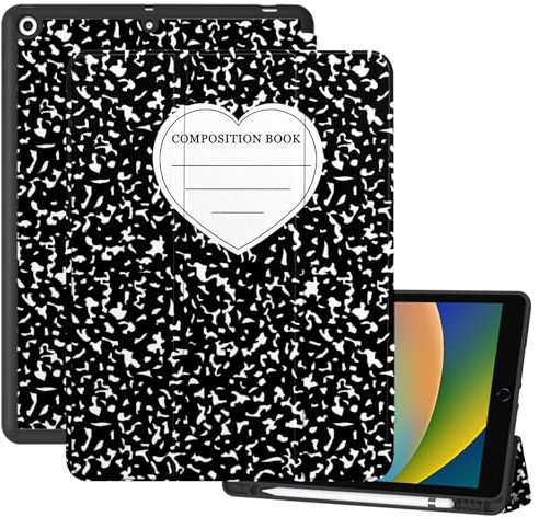 Cabreche Compatible with iPad 10.2 inch Case,9th /8th /7th Generation Case (2021/2020/2019) Pencil Holder Stickers Auto Sleep/Wake Cover Girls Women Cute Preppy Notebook Composition Book-Black